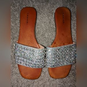 Tahari Size 8 Glitter Silver Rhinestones Slip On Sandal, Women's Shoes